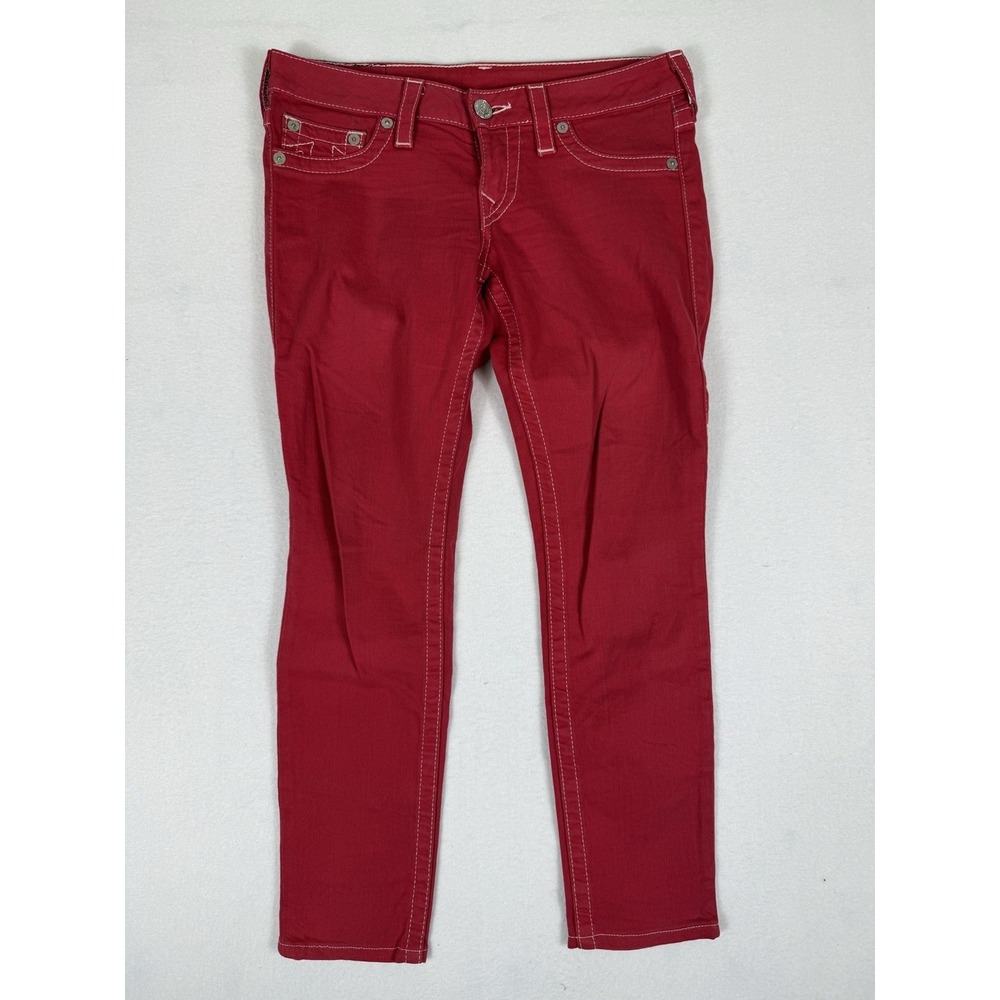True Religion Womens Red Skinny Jeans White Stitch Size 27 Made in USA